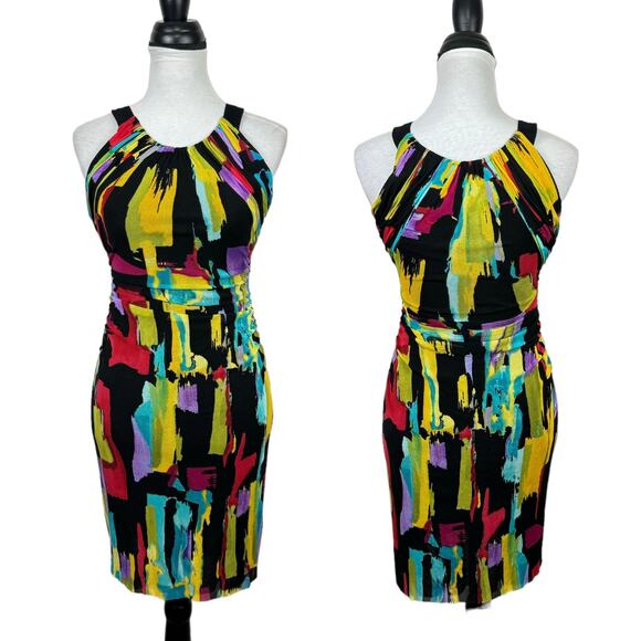Kay Unger Black Colorful Brush Stroke Artsy Print Sleeveless Mesh Bodycon Dress - Picture 1 of 9